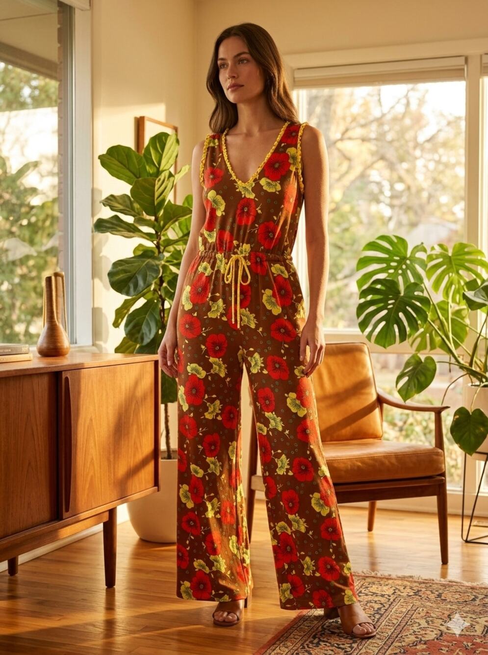PORRIDGE Anthropologie Sm 70s Retro Floral Wide Leg Jumpsuit Knit Pockets Boho